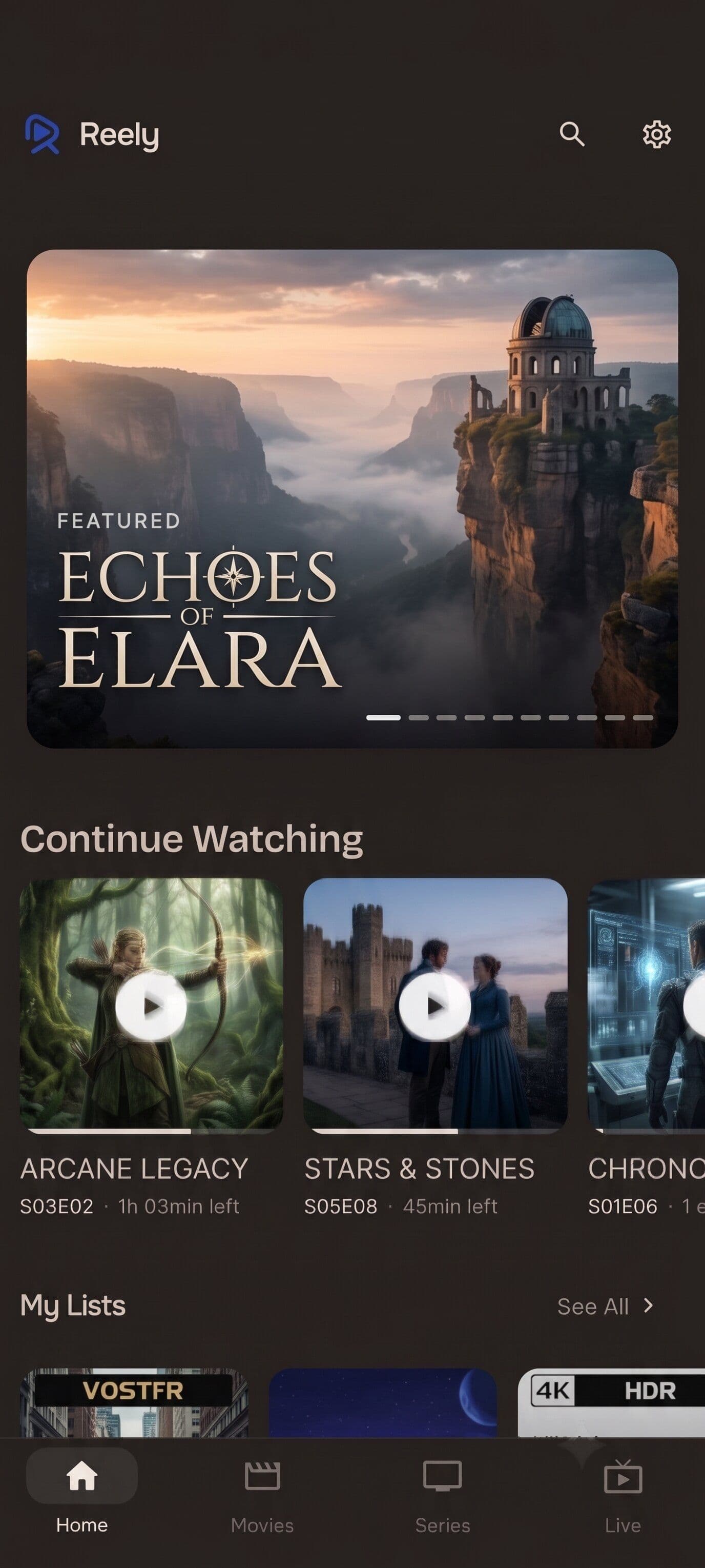 Reely on mobile, Home screen with continue watching and rows