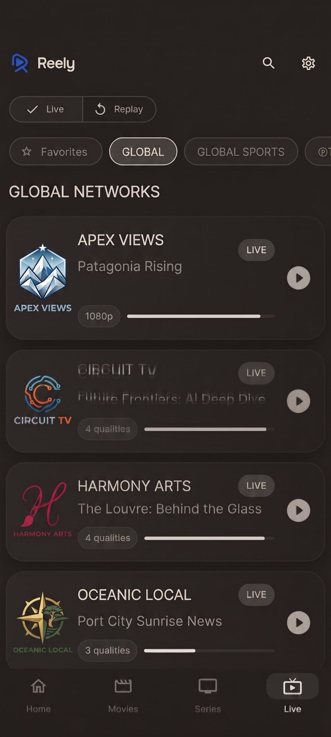 Reely on mobile, live TV with EPG guide