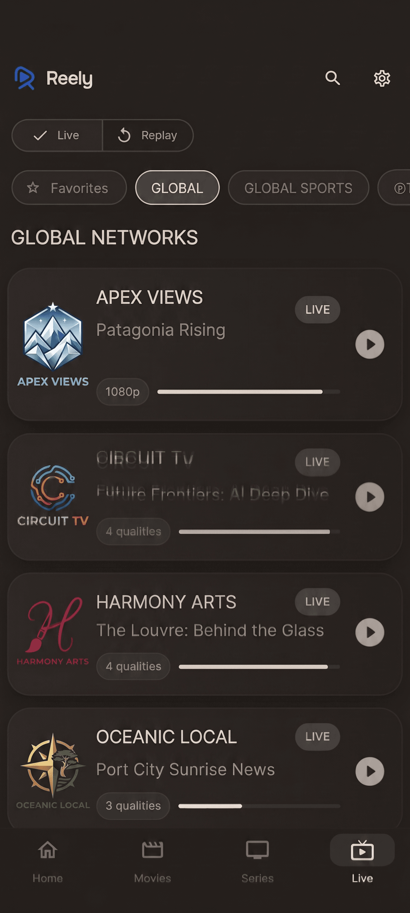 Reely on mobile, live TV with EPG guide