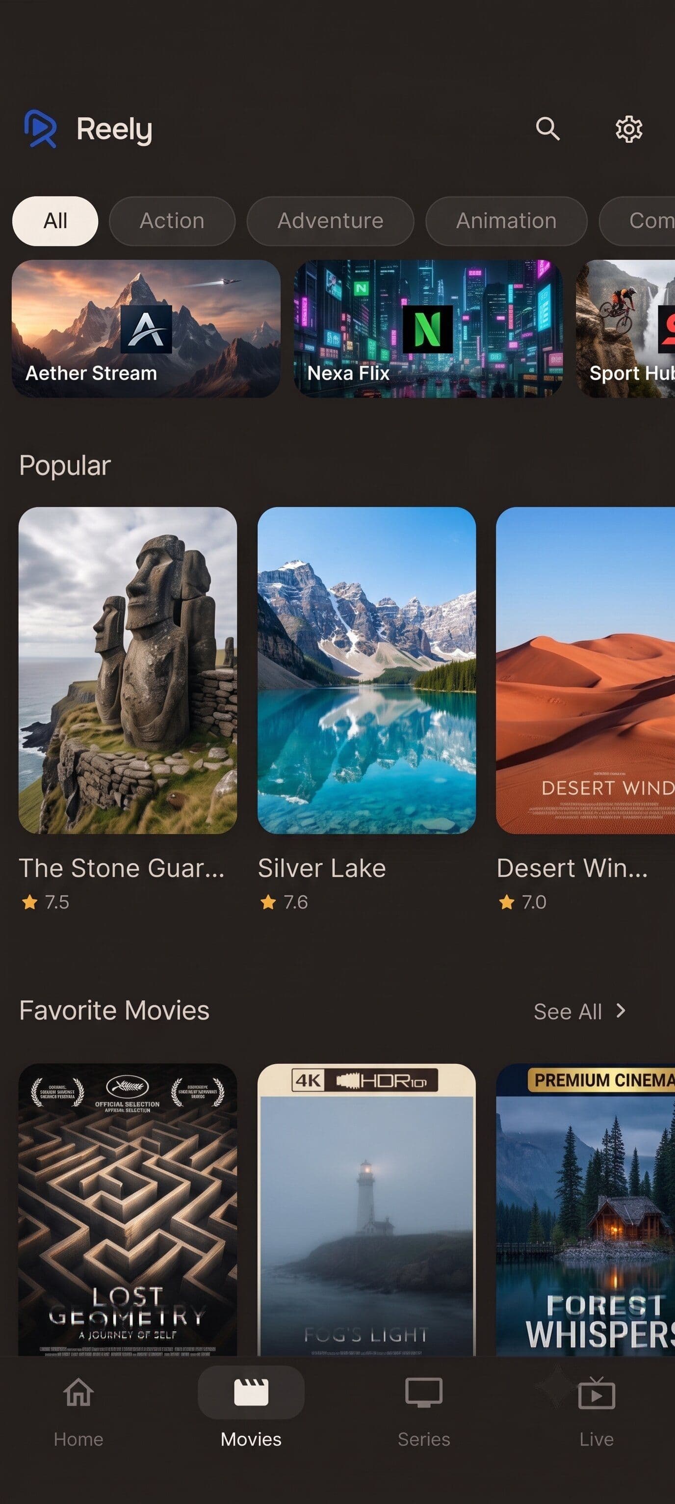 Reely on mobile, browsing movies by genre