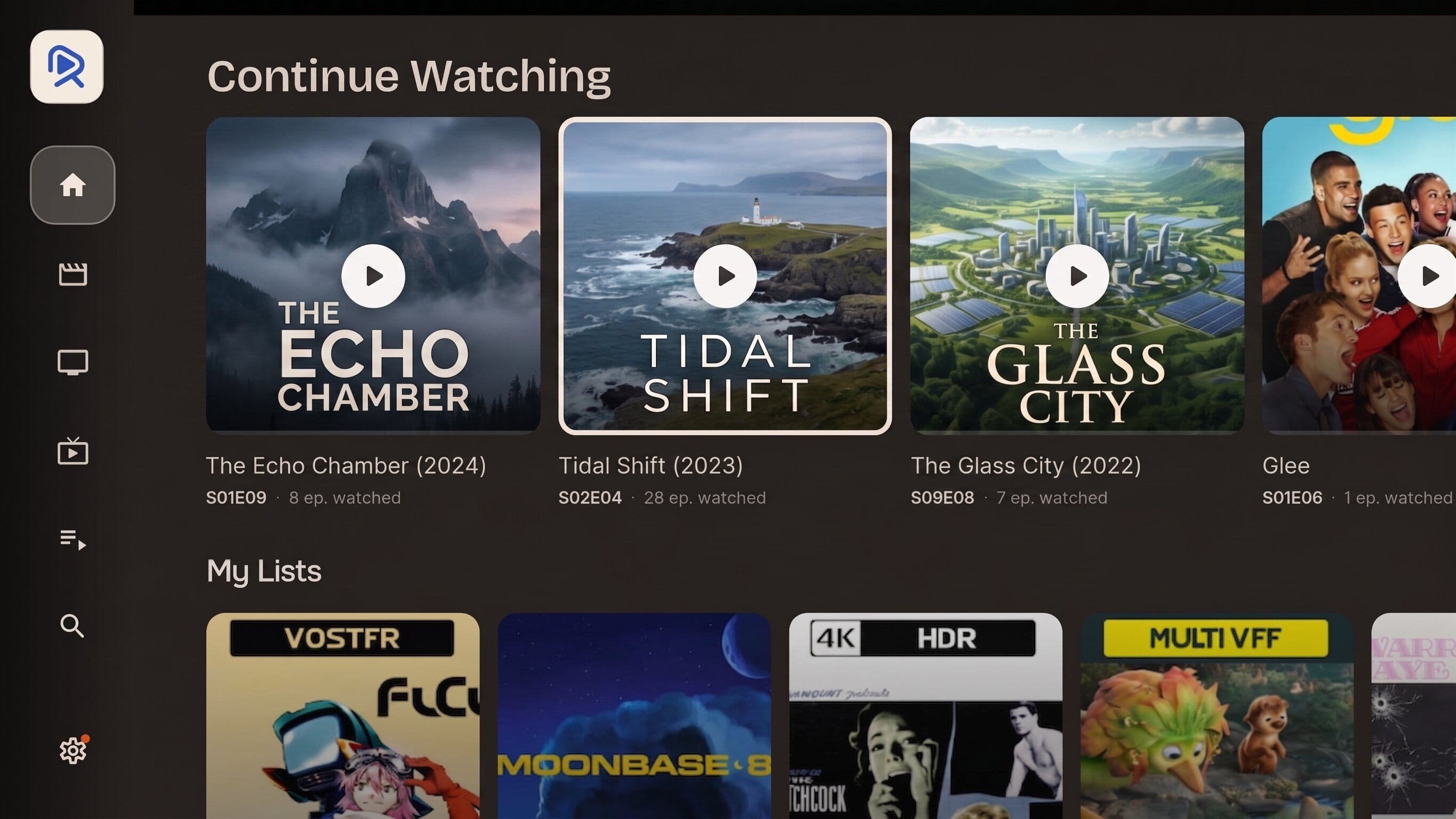 Reely on Android TV, Home screen with continue watching