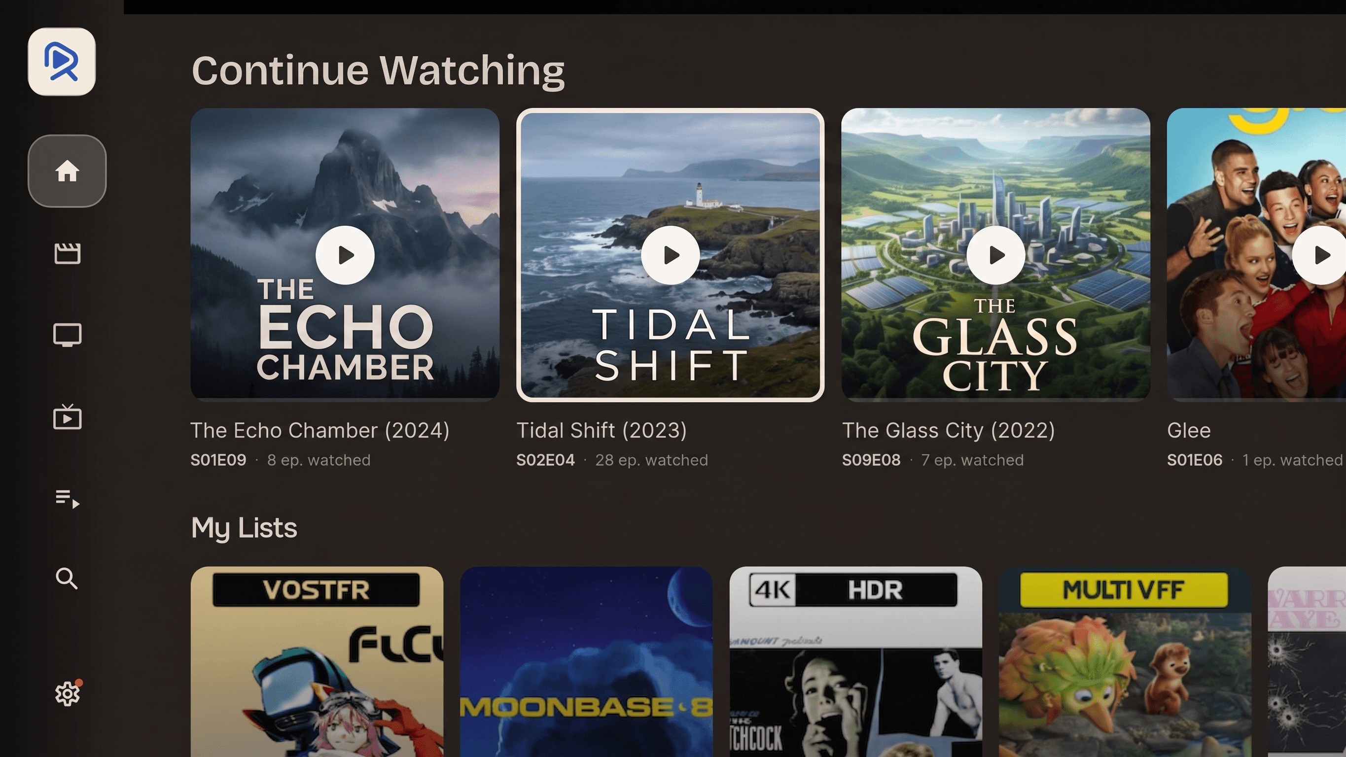Reely on Android TV, Home screen with continue watching
