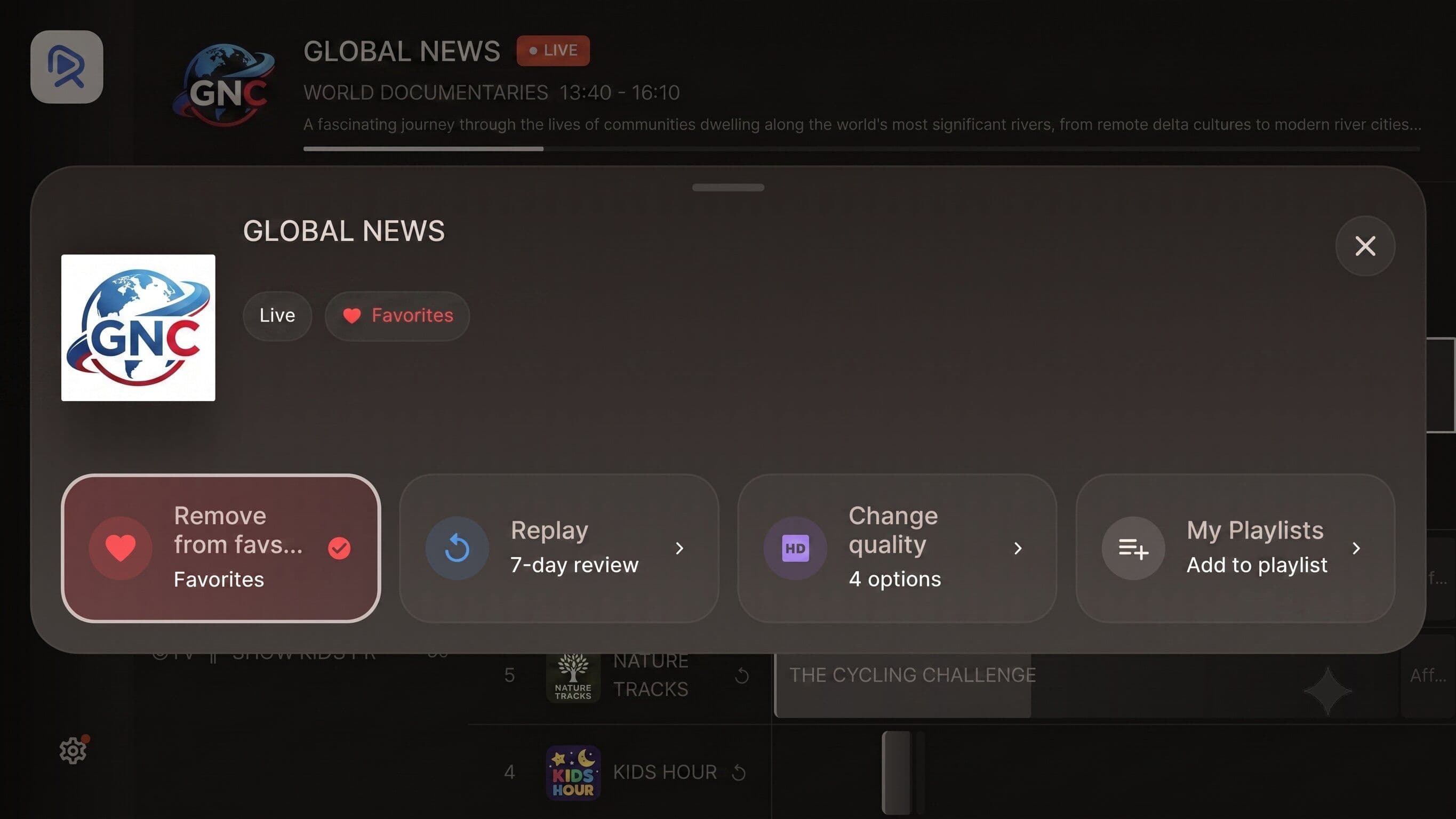 Reely on Android TV, live TV channel info popup