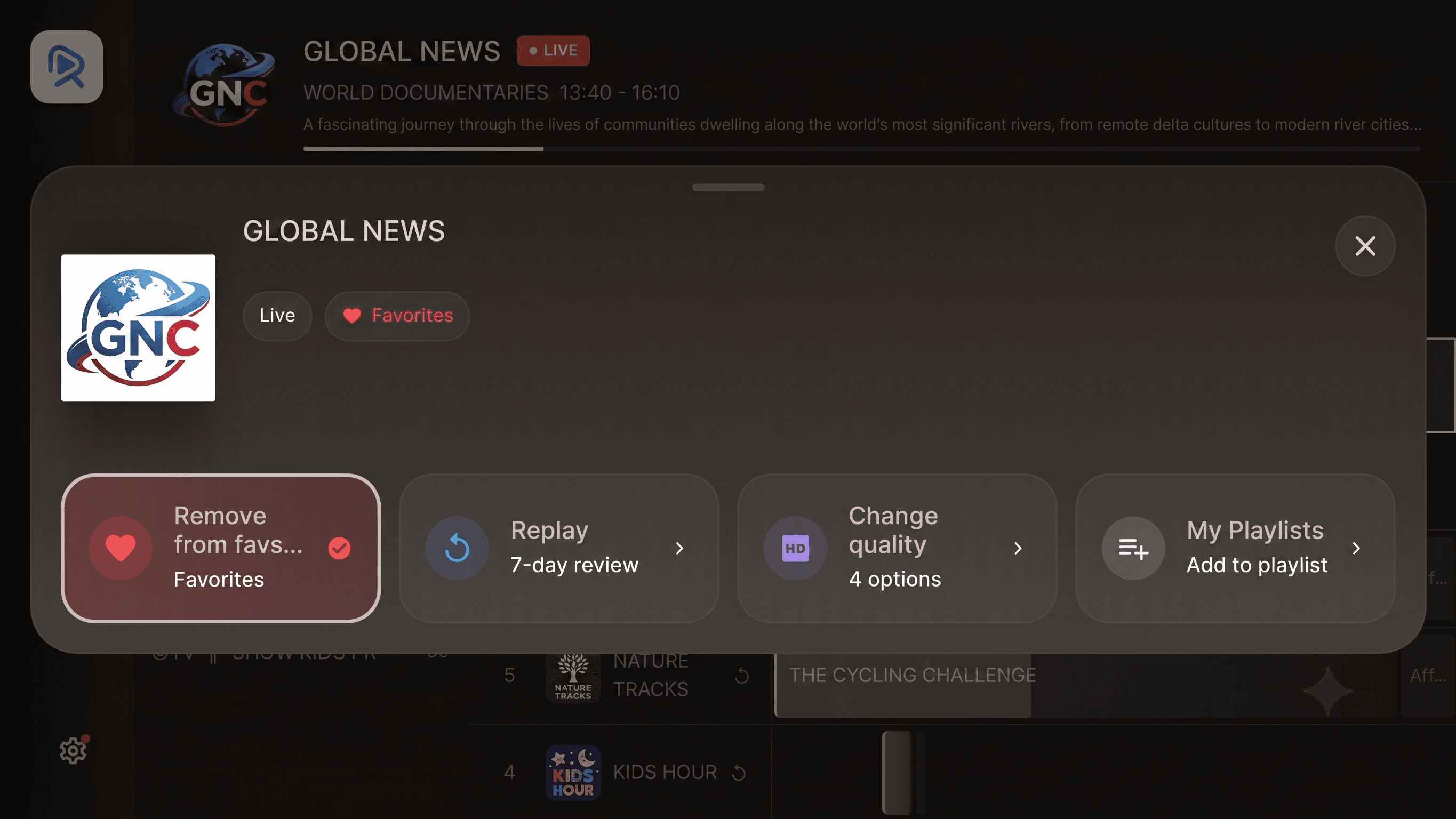 Reely on Android TV, live TV channel info popup